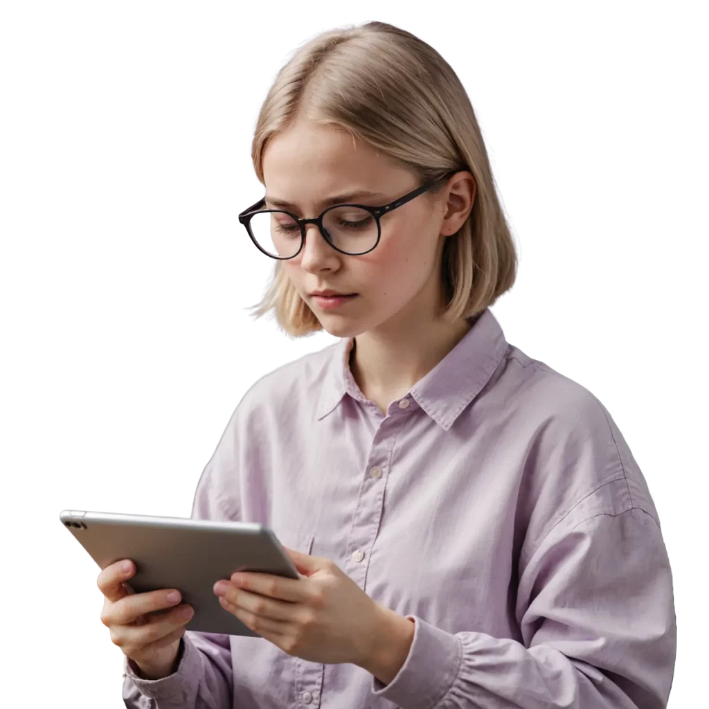 Eine Frau hält ein Tablet in den Händen и nutzt das AccessLabs-Widget für digitale Barrierefreiheit.